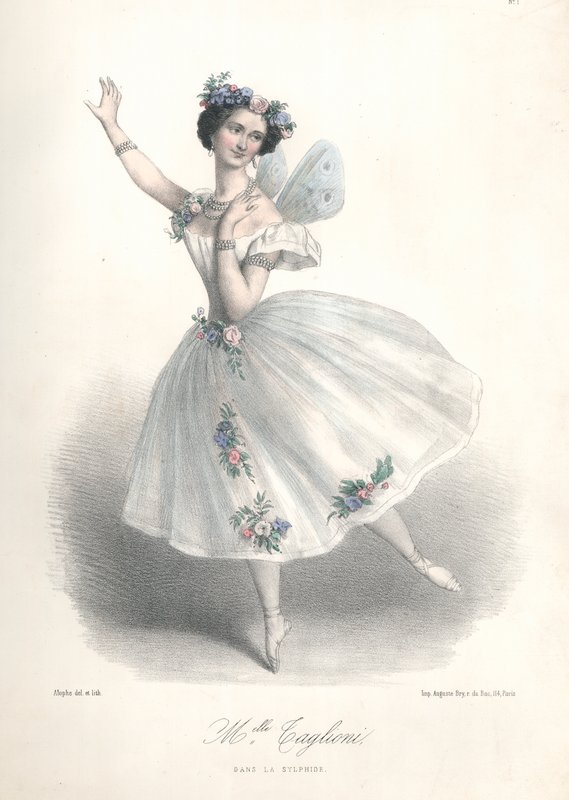 Den italienske balletdanserinde Marie Taglioni i sin far Filippo Taglionis ballet Le Sylphide på Paris Operaen af Marie Alexandre (after) Alophe