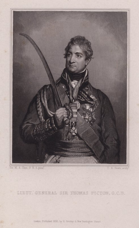 Sir Thomas Picton, walisisk general fra Napoleonskrigene dræbt i slaget ved Waterloo (gravering) af Martin Archer (after) Shee