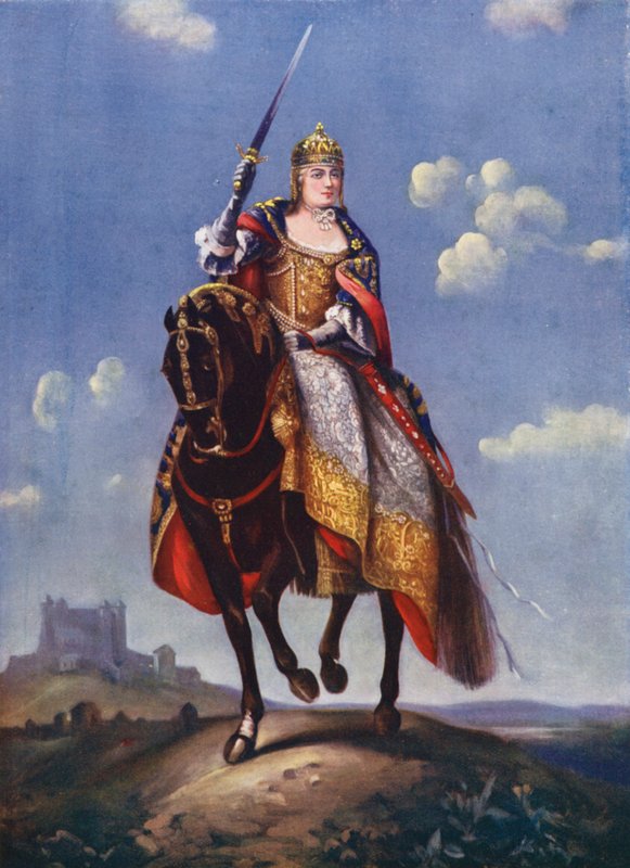 Maria Theresia på kroningshøjen i Pressburg (farvelitografi) af Martin van (after) Mytens or Meytens