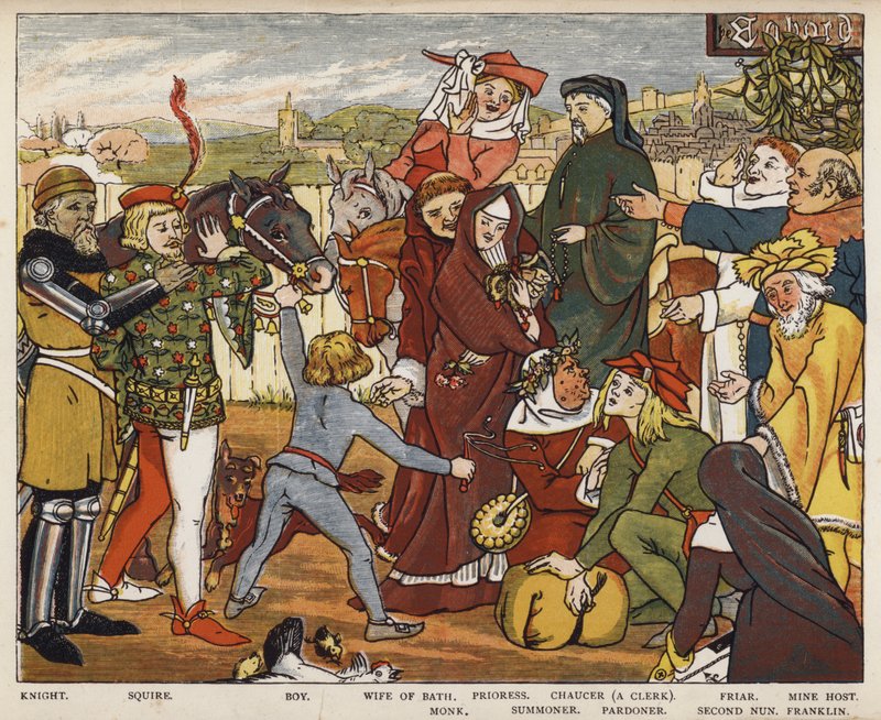 Geoffrey Chaucer, The Canterbury Tales, The Pilgrims forlader The Tabard Inn (farve litho) af Mary Eliza Haweis