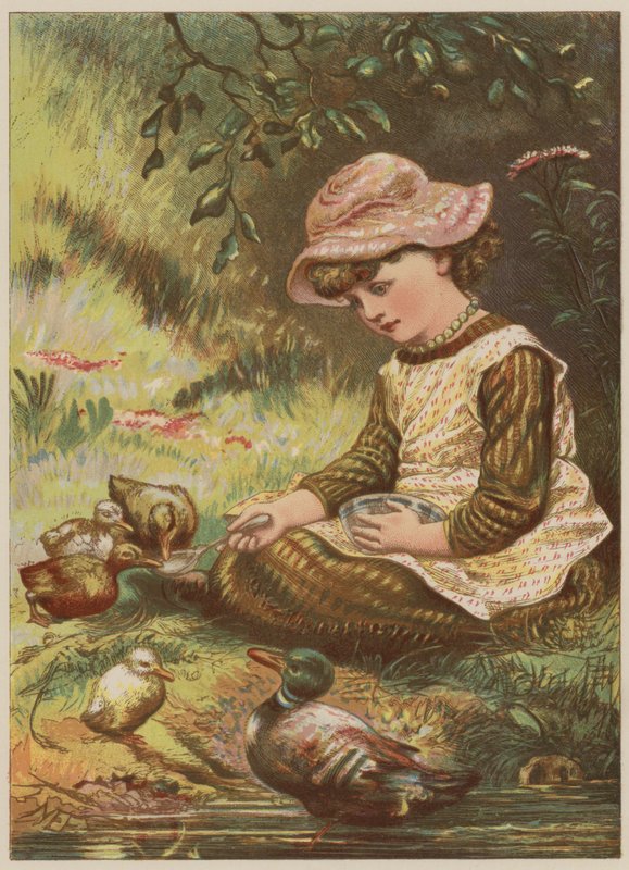 Pige fodrer ællinger (chromolitho) af Mary Ellen Edwards