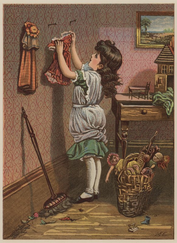 Pige hænger dukketøj op (chromolitho) af Mary Ellen Edwards