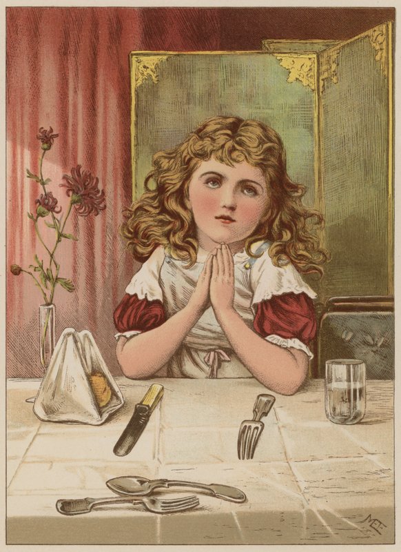 Pige, der beder bordbøn før måltidet (chromolitho) af Mary Ellen Edwards