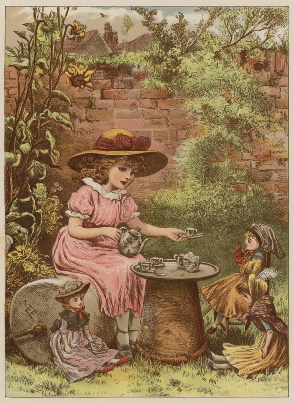 Pige, der serverer te for sine dukker (chromolitho) af Mary Ellen Edwards