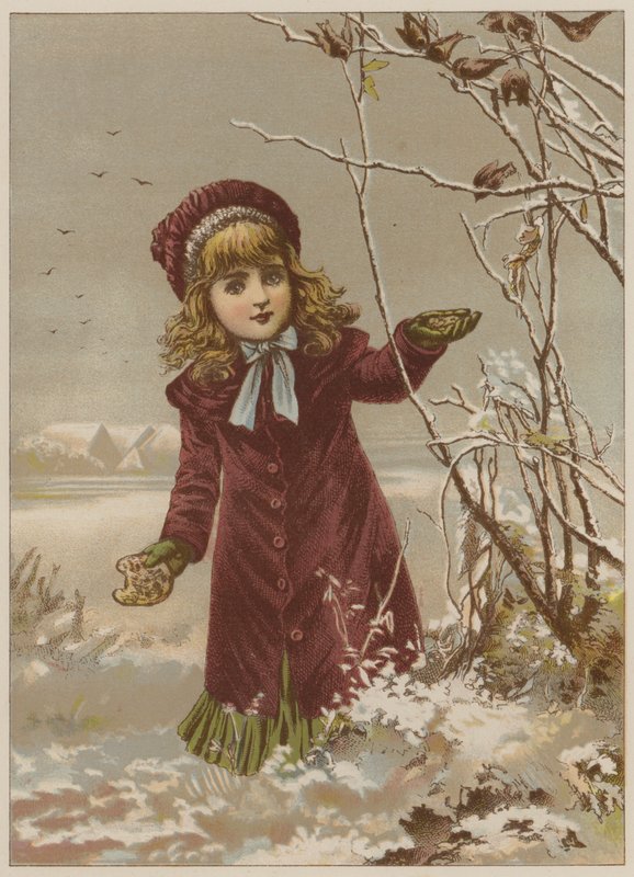 Pige, der tager brød for at fodre fugle i sneen (chromolitho) af Mary Ellen Edwards