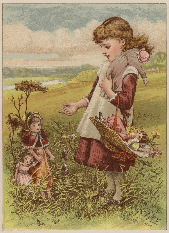 Pige går en tur med sine dukker (chromolitho) af Mary Ellen Edwards