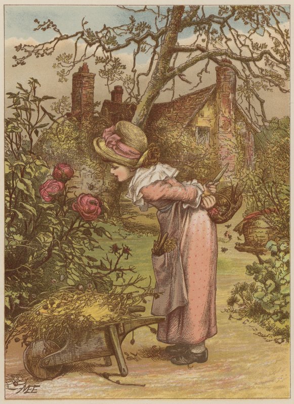 Pige ser på bi i haven (chromolitho) af Mary Ellen Edwards