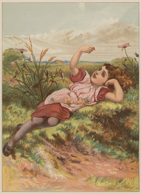 Pige med mariehøne (chromolitho) af Mary Ellen Edwards