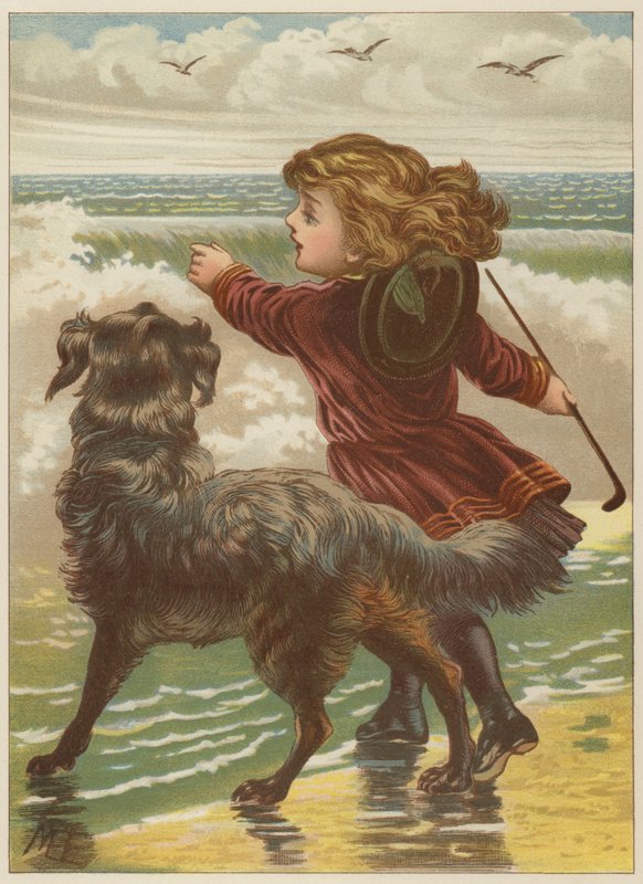 Pige med hund på stranden (chromolitho) af Mary Ellen Edwards