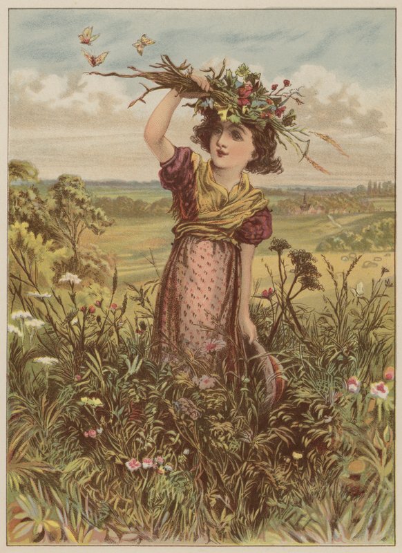 Pige med blomster og sommerfugle (chromolitho) af Mary Ellen Edwards