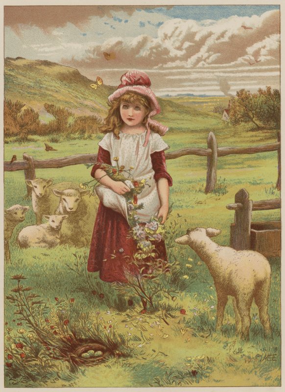 Pige med forårslam (chromolitho) af Mary Ellen Edwards