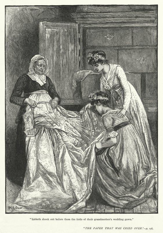 "Lisbeth rystede folderne af deres bedstemors brudekjole ud foran dem" (gravering) af Mary L. Gow
