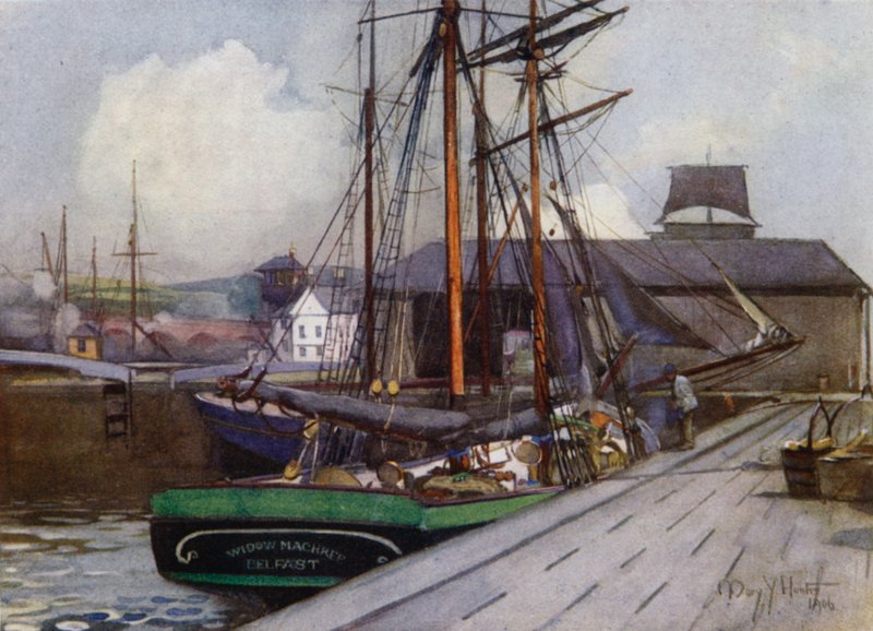 Indgang til Clyde and Forth Canal, Bowling (farve litho) af Mary Young Hunter