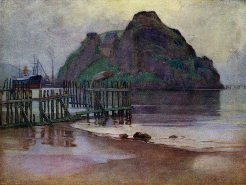 Lavvande ved daggry, Dumbarton Rock (farve litho) af Mary Young Hunter