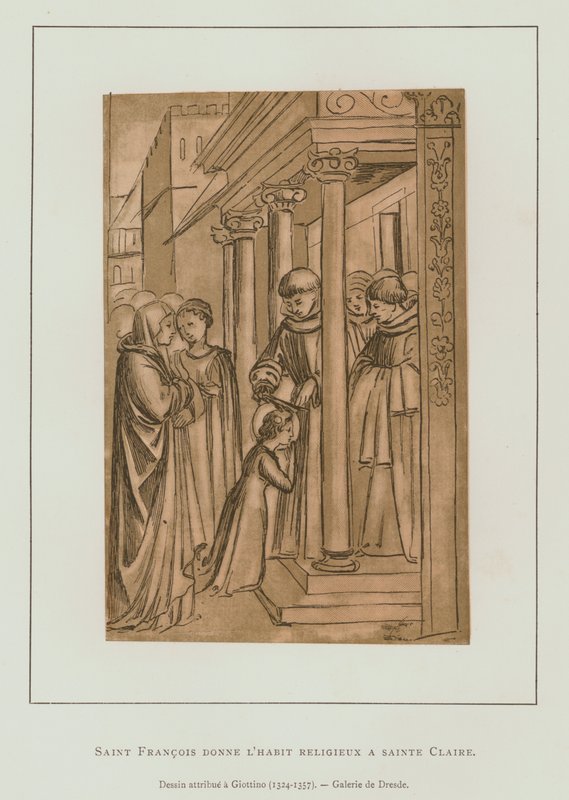 Sankt Frans af Assisi klipper håret af Sankt Claire (litho) af Maso di Banco Giottino