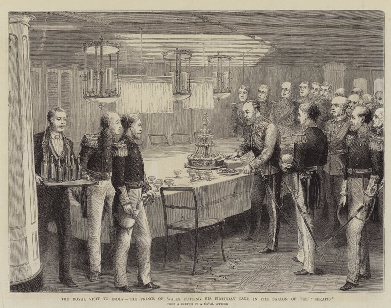 Det kongelige besøg i Indien, prinsen af Wales skærer sin fødselsdagskage i Saloon of the Serapis af Matthew White Ridley
