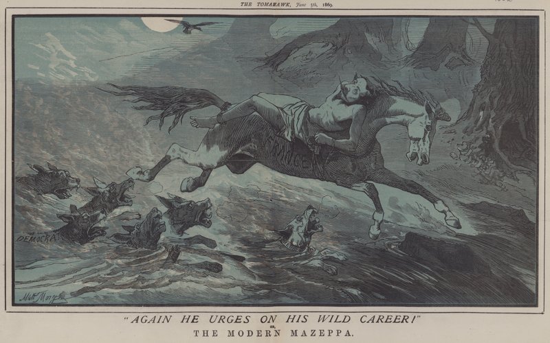 Igen opfordrer han til sin vilde karriere! eller, The Modern Mazeppa (farve litho) af Matthew