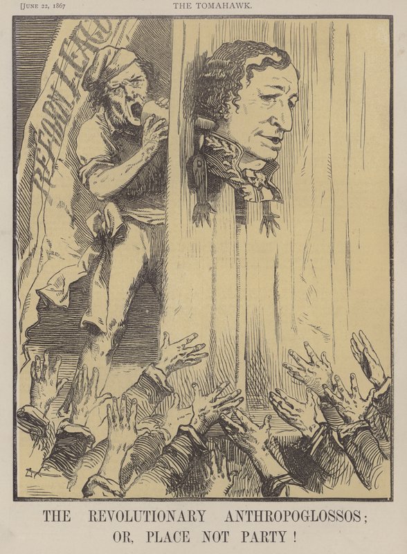De revolutionære Anthropoglossos; eller Place Not Party! (farve litho) af Matthew