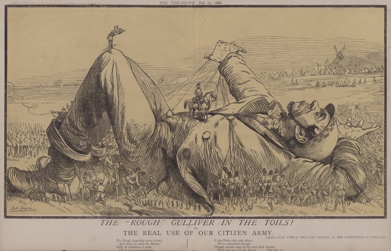 Den ru Gulliver i Arbejdet! eller, den rigtige brug af vores borgerhær (farve litho) af Matthew