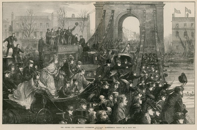 Oxford og Cambridge Boat Race: Hammersmith Bridge på løbsdagen (gravering) af Matthew White Ridley