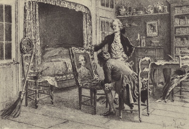 Jean-Jacques Rousseau ser på sit portræt af Maurice Leloir