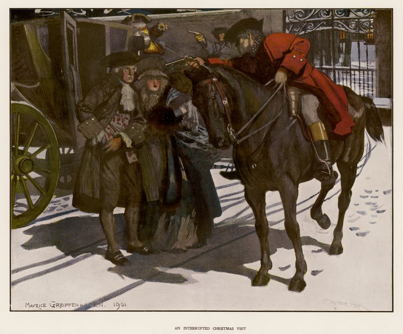 Et julebesøg afbrudt af en landevejsmand (farve litho) af Maurice (after) Greiffenhagen
