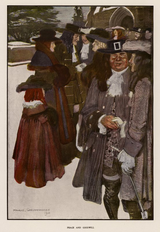 Udveksle julehilsner uden for en kirke (farve litho) af Maurice (after) Greiffenhagen