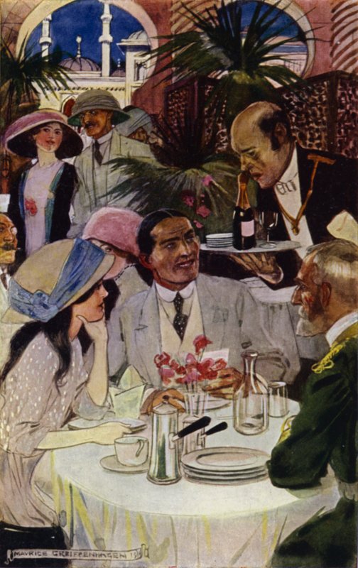 Besøg i Bagdad: På restauranten (farve litho) af Maurice (after) Greiffenhagen