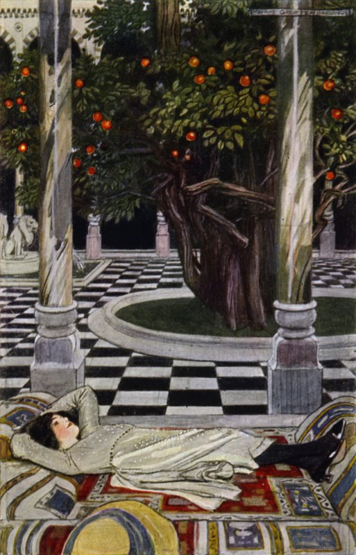 Besøg i Bagdad: På forgården (farve litho) af Maurice (after) Greiffenhagen