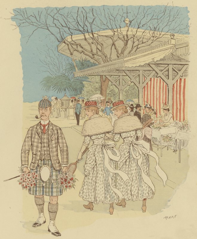 En skotsk mand i traditionel højlandskjole blandt befolkningen i Cannes, Frankrig (farve litho) af Maurice Charles Mathieu Bonvoisin