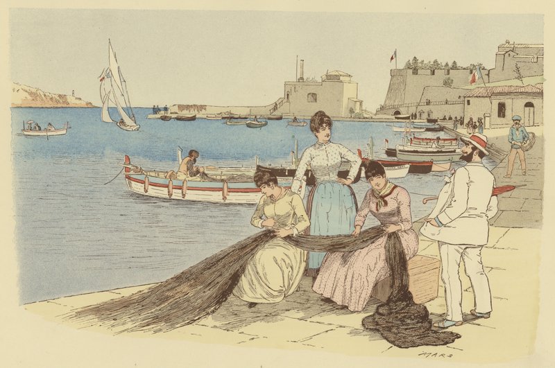 En mand, der chatter med en gruppe kvinder, der reparerer fiskenet i byen Villefranche, Frankrig (farve litho) af Maurice Charles Mathieu Bonvoisin