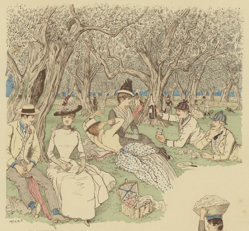 En picnic under oliventræerne i Beaulieu i Sydfrankrig (farve litografi) af Maurice Charles Mathieu Bonvoisin