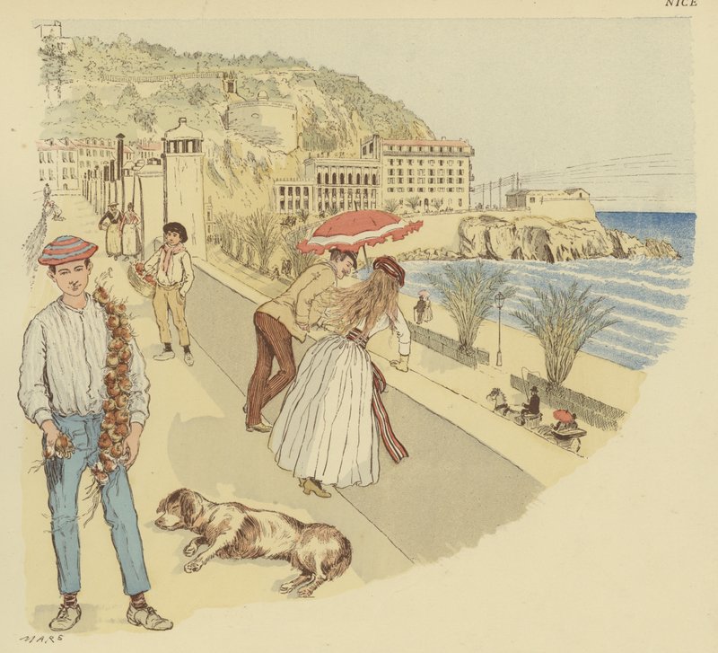 En løgsælger med sine varer og folk nyder terrassen, der fører op til bjerget Rauba-Capeu, Nice (farve litho) af Maurice Charles Mathieu Bonvoisin