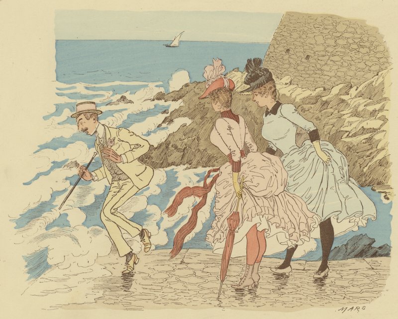 Stående på anløbsbroen ved La Condamine i Monte Carlo; Monaco. (farve litho) af Maurice Charles Mathieu Bonvoisin
