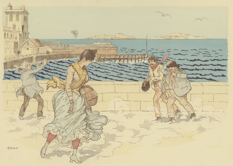 Mistralen sørger for en blæsende dag på Promenade de la Corniche, Marseille, Frankrig (farve litho) af Maurice Charles Mathieu Bonvoisin