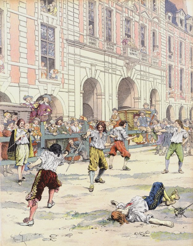 Boutteville og Beuvron kæmper en duel på Place Royale af Maurice Leloir
