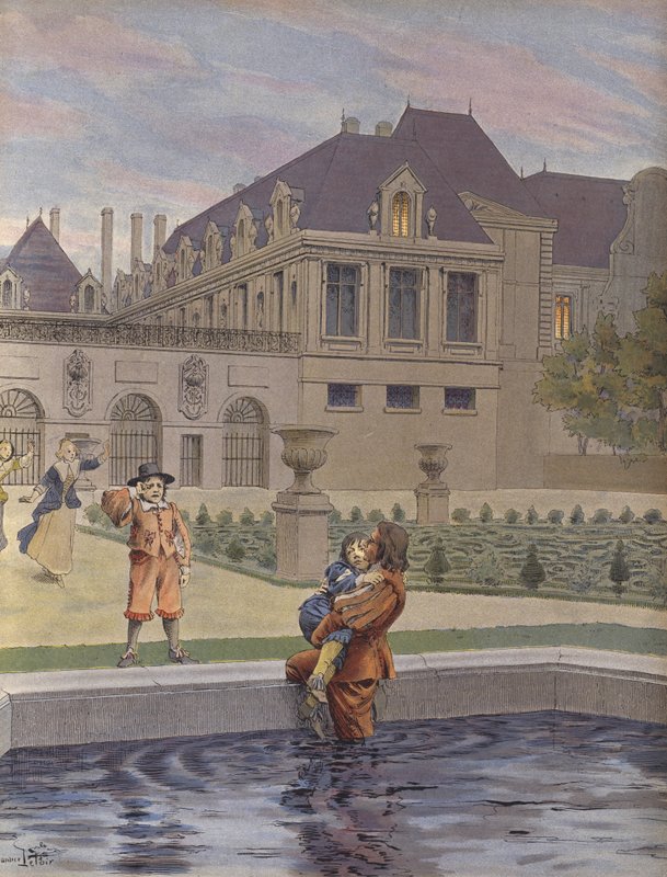 Fald af den unge Ludvig XIV i poolen af Palais-Royal af Maurice Leloir