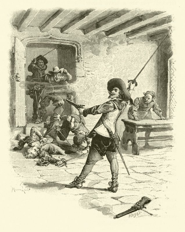 Illustration til De tre musketerer (gravering) af Maurice Leloir