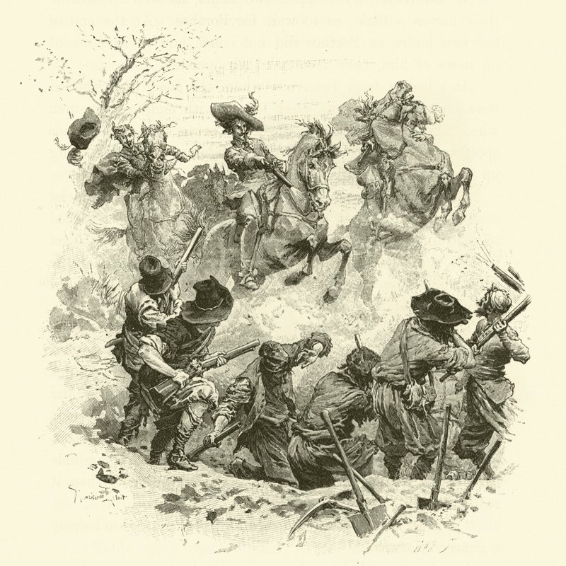 Illustration til De tre musketerer (gravering) af Maurice Leloir