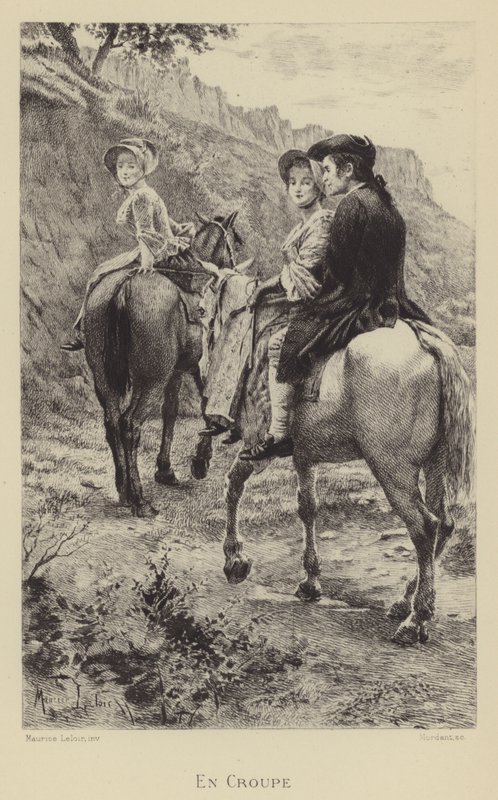 Jean-Jacques Rousseau og to unge kvinder på en rejse på hesteryg (dybtryk) af Maurice Leloir