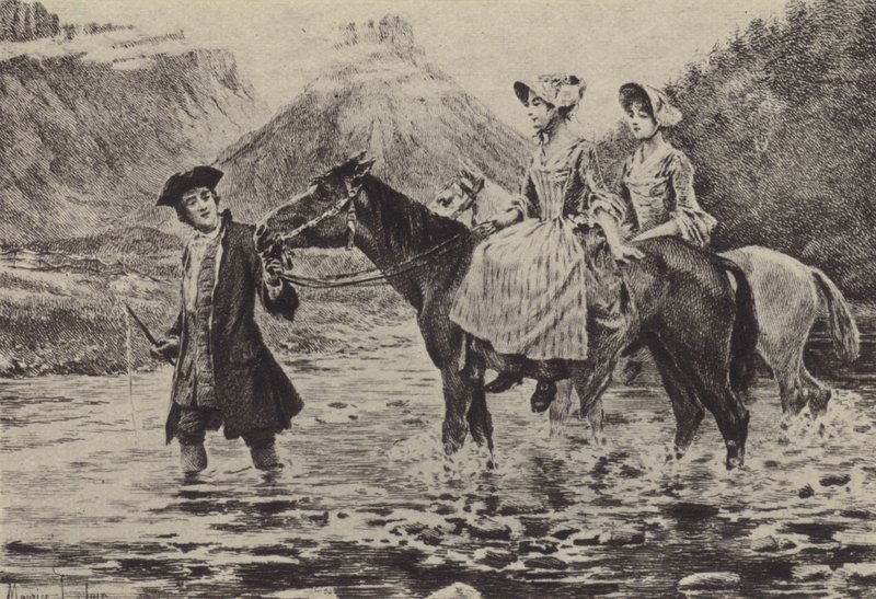 Jean-Jacques Rousseau hjælper to unge kvinder med at krydse et vandløb (dybtryk) af Maurice Leloir