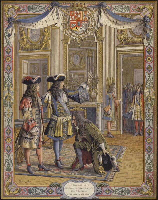 Kong Ludvig XIV, Duc dAnjou, udråbt til konge af Spanien, idet han modtog sin ambassadørs hyldest af Maurice Leloir