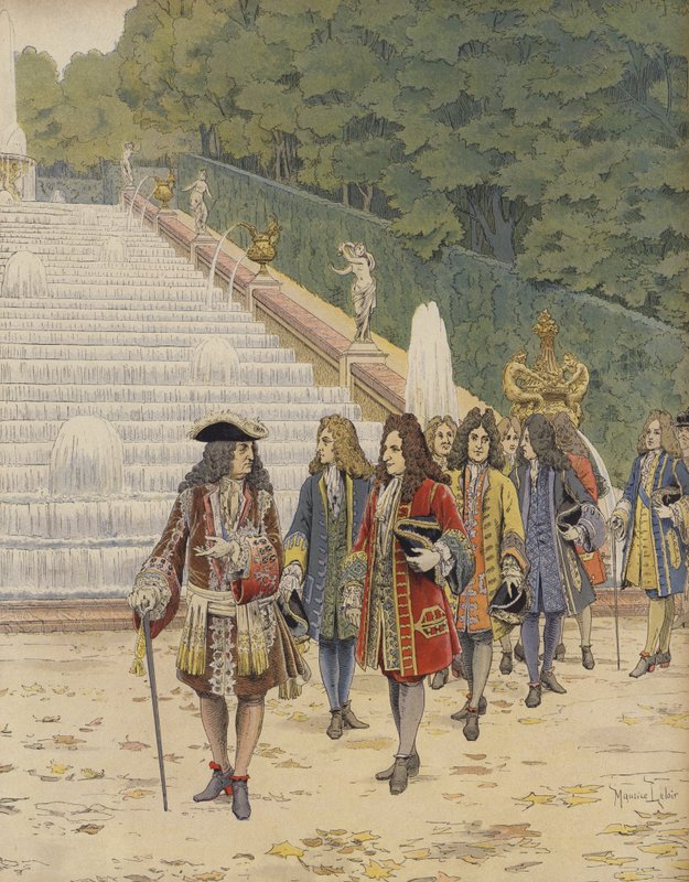 Kong Louis XIV og Samuel Bernard ved Marly, besøg i haverne af Maurice Leloir