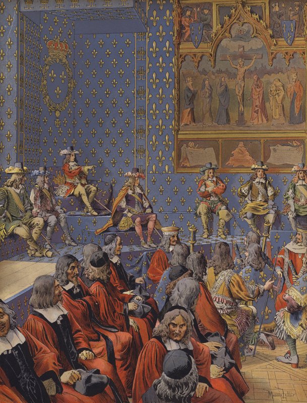 Kong Ludvig XIV sidder i støvler ved parlamentet af Maurice Leloir