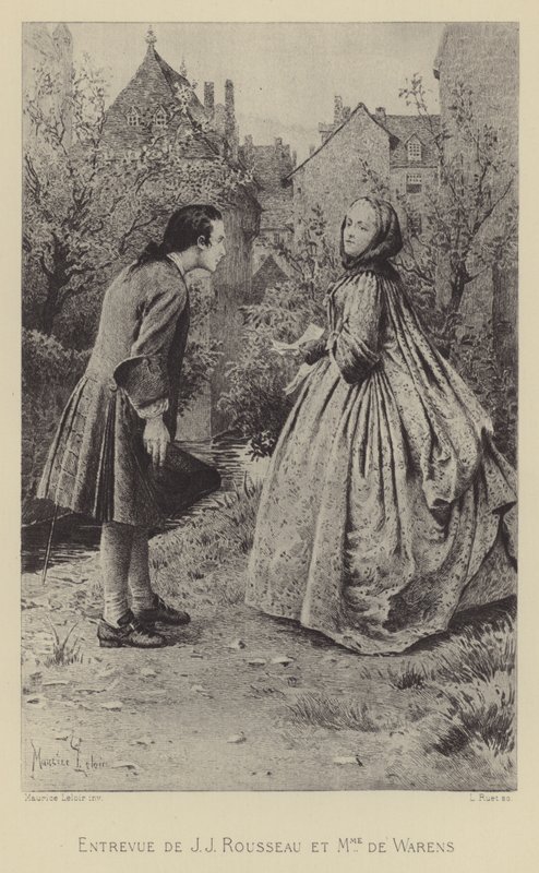Møde mellem Jean-Jacques Rousseau og Madame de Warens (gravering) af Maurice Leloir