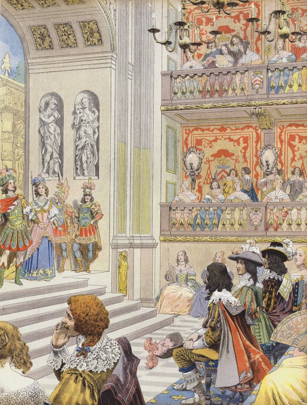 Optræden i teatret i Palais Cardinal of Mirame, stykket skrevet af Richelieu og Desmarets af Maurice Leloir