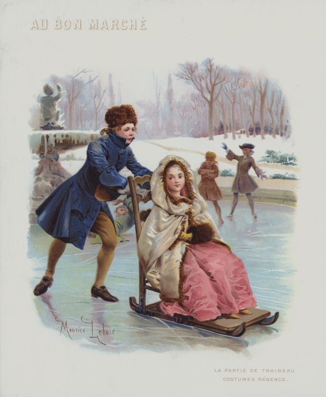 Skubber en slæde på isen, kostumer fra den franske regentperiode (1715-1723) (chromolitho) af Maurice Leloir