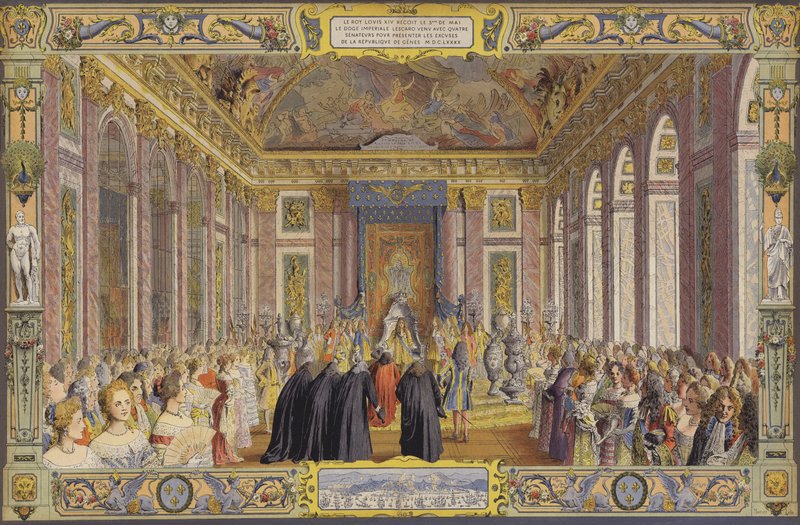Modtagelse af Doge of Genova, i La Galerie des Glaces, Versailles af Maurice Leloir