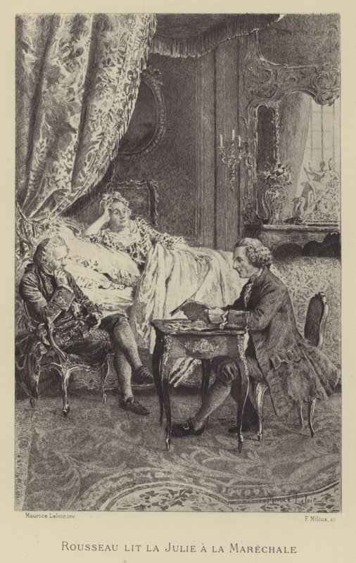 Rousseau læser sin roman Julie to la Marechale (gravure) af Maurice Leloir