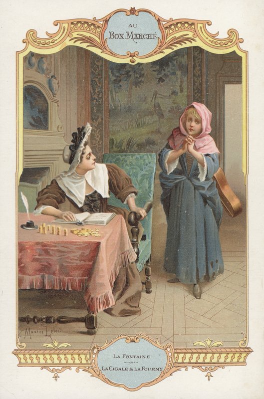 Scene fra Jean de la Fontaines fabel Myren og græshoppen (chromolitho) af Maurice Leloir